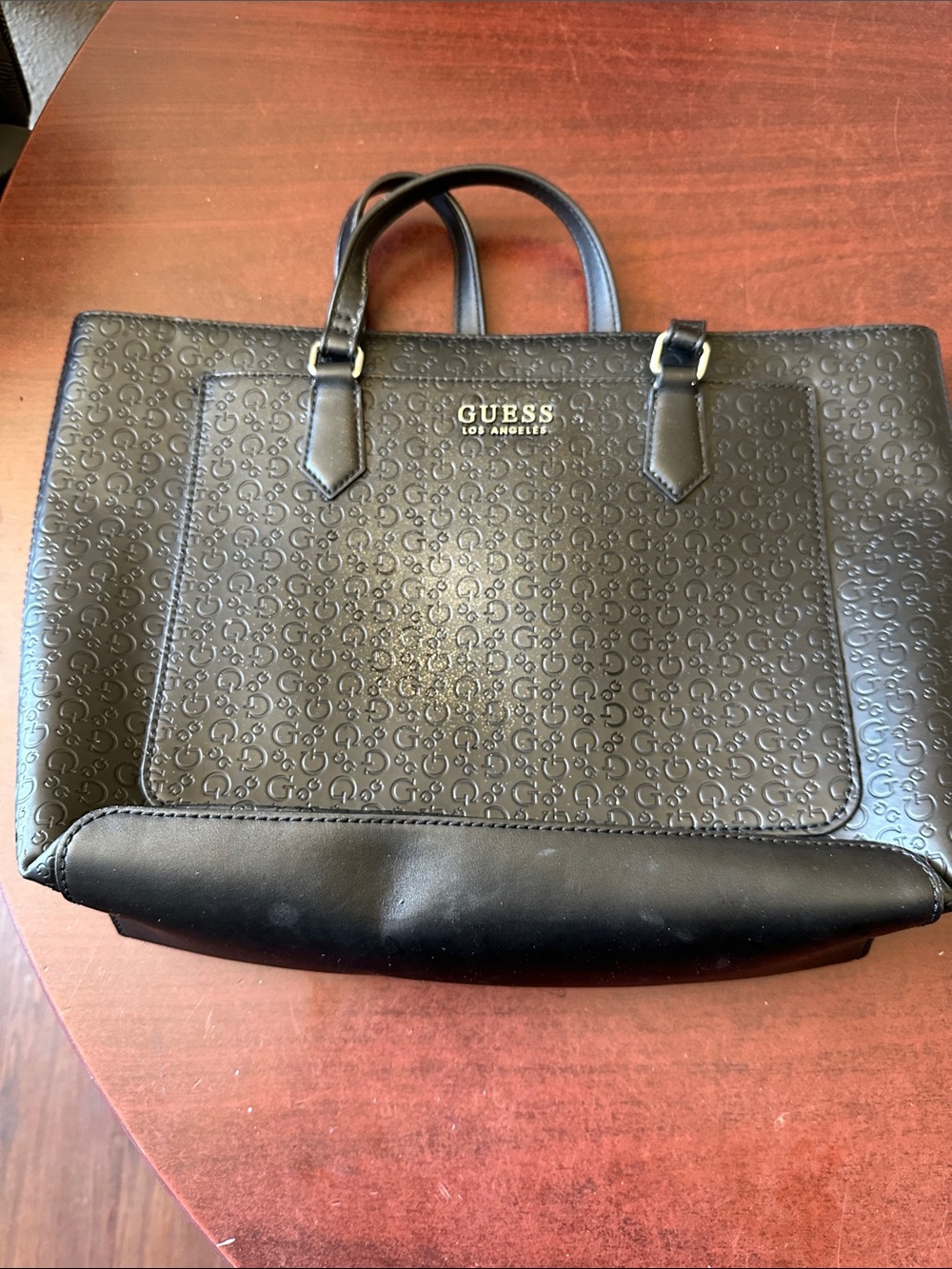 ##750, GUESS Black Embossed Logo Briefcase Tote